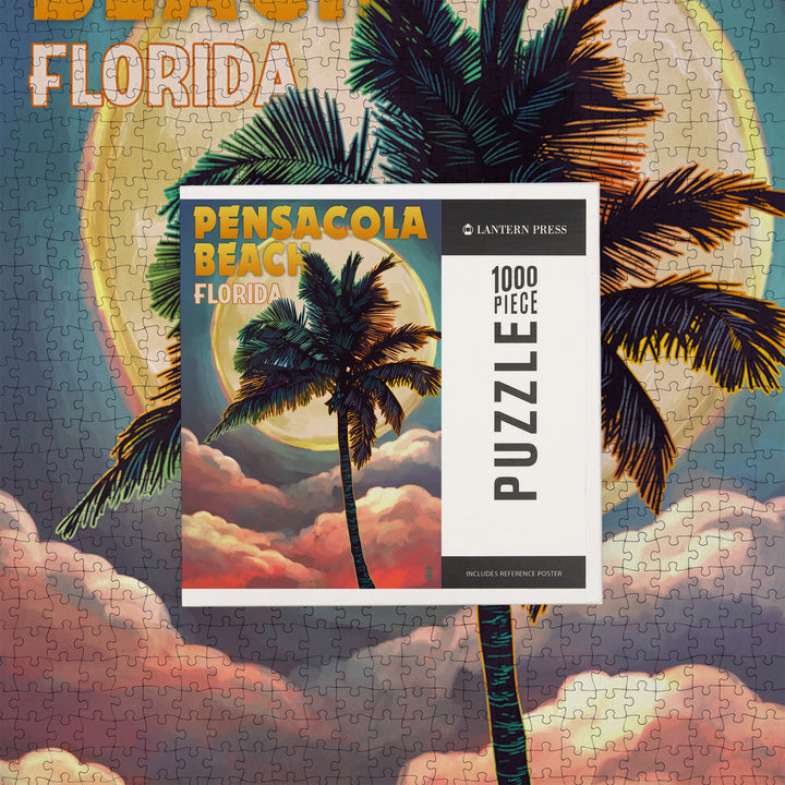 Pensacola Beach, Florida, Palm and Moon, Jigsaw Puzzle Puzzle Lantern Press 