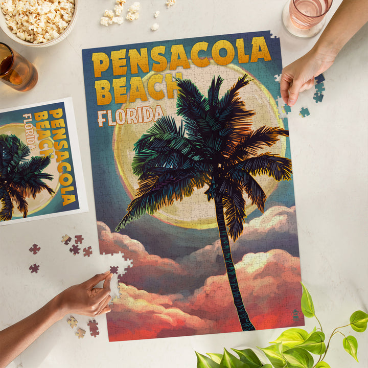 Pensacola Beach, Florida, Palm and Moon, Jigsaw Puzzle Puzzle Lantern Press 