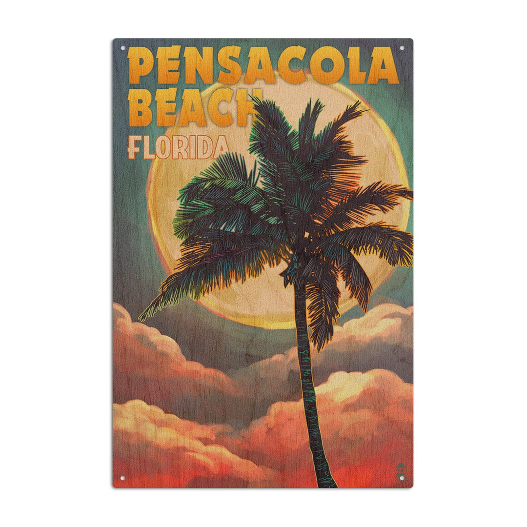 Pensacola Beach, Florida, Palm & Moon, Lantern Press Artwork, Wood Signs and Postcards Wood Lantern Press 10 x 15 Wood Sign 