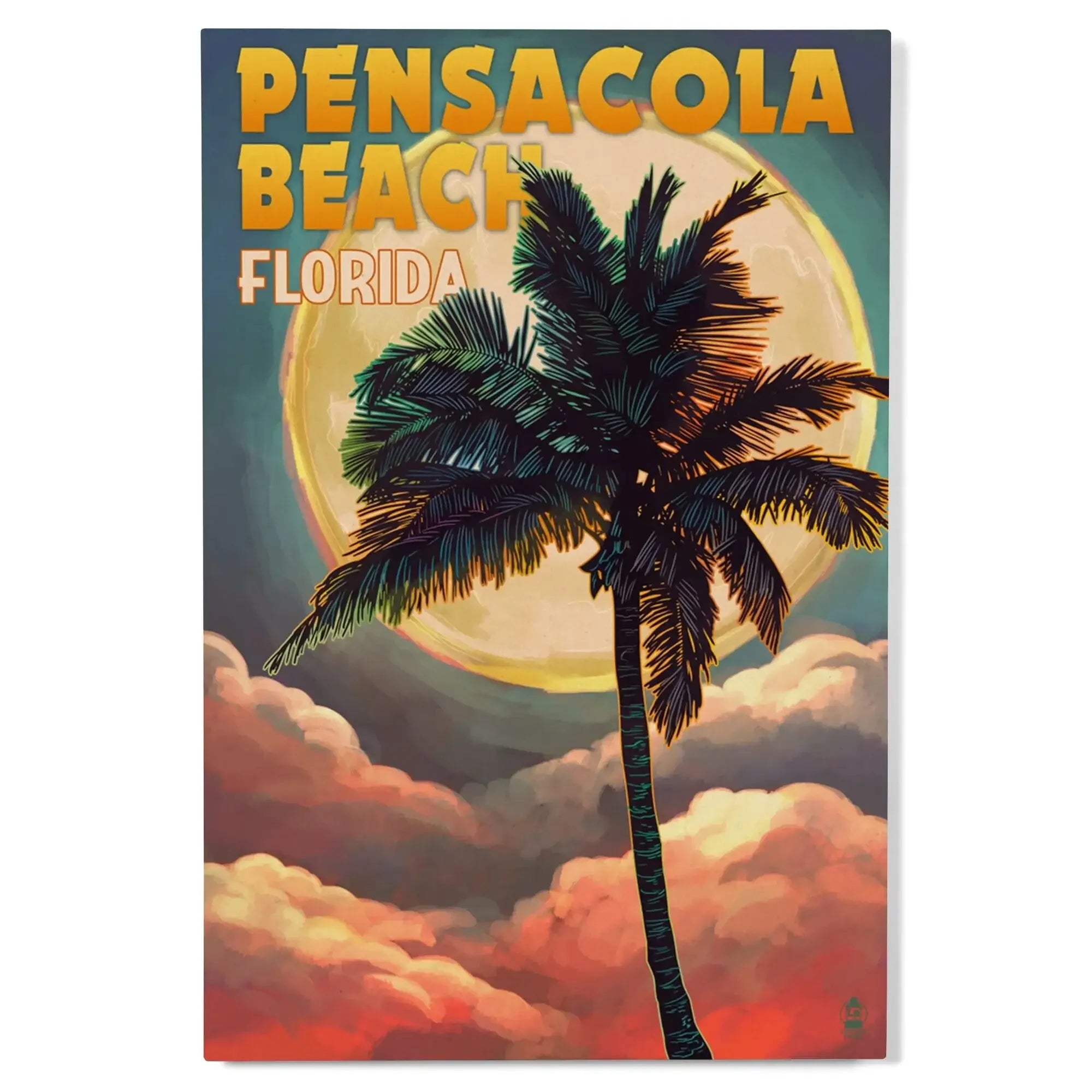 Pensacola Beach, Florida, Palm & Moon, Lantern Press Artwork, Wood Sig