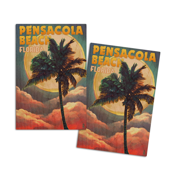 Pensacola Beach, Florida, Palm & Moon, Lantern Press Artwork, Wood Signs and Postcards Wood Lantern Press 4x6 Wood Postcard Set 