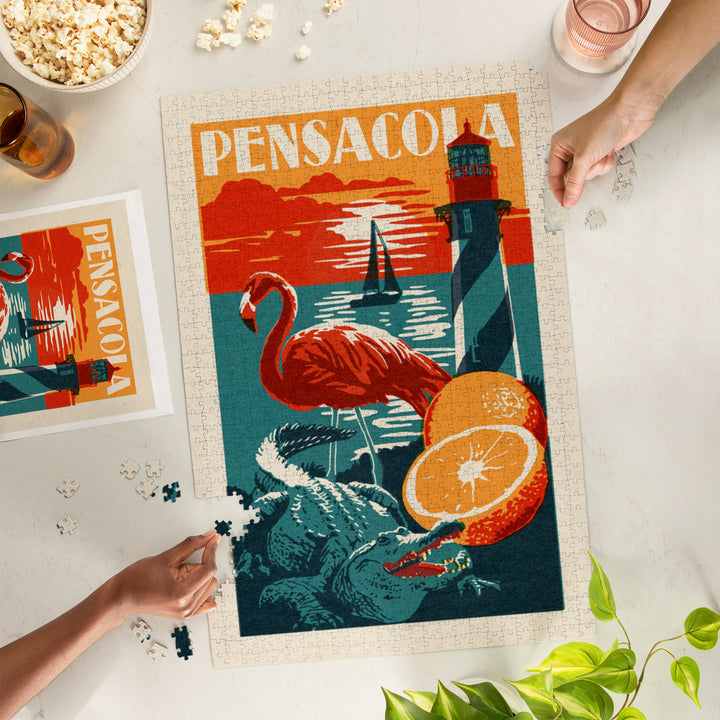 Pensacola, Florida, Woodblock, Jigsaw Puzzle Puzzle Lantern Press 