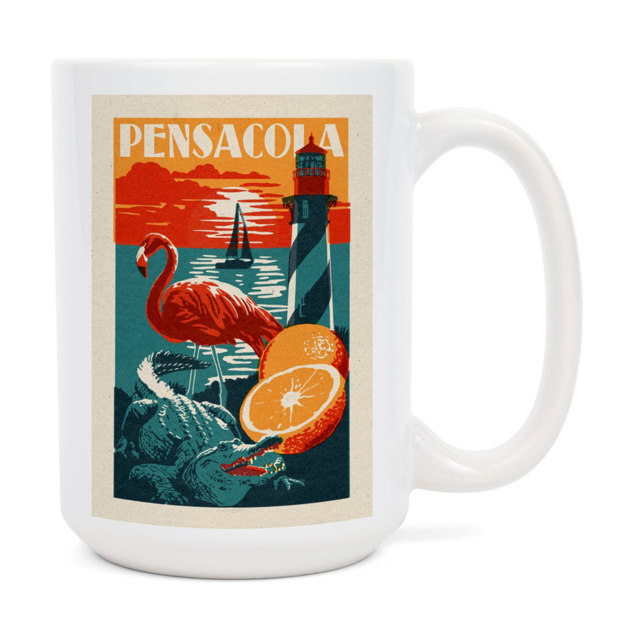 Pensacola, Florida, Woodblock, Lantern Press Artwork, Ceramic Mug Mugs Lantern Press 