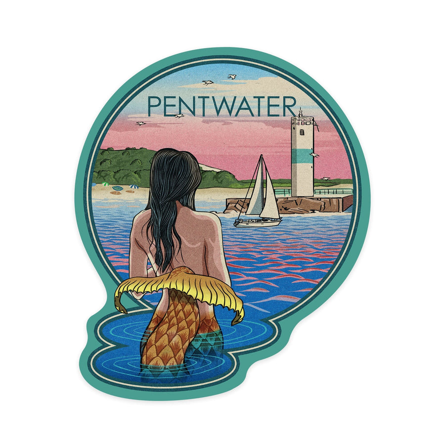 Pentwater, Michigan, Mermaid & Beach, Letterpress, Contour, Lantern Press Artwork, Vinyl Sticker Sticker Lantern Press 