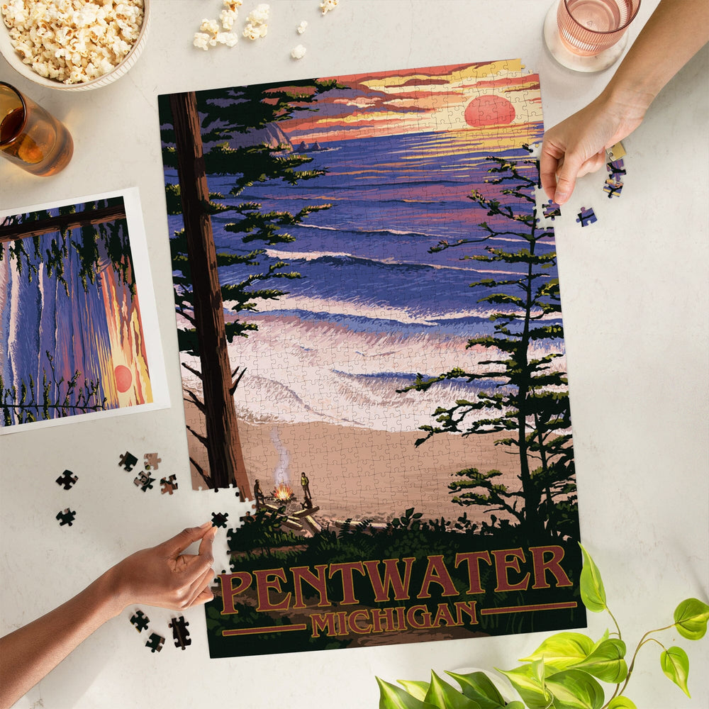 Pentwater, Michigan, Sunset on Beach, Jigsaw Puzzle Puzzle Lantern Press 
