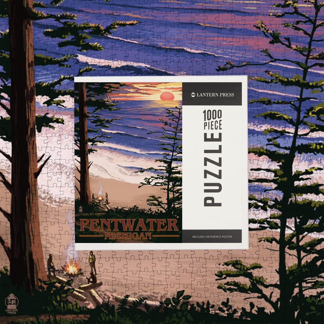 Pentwater, Michigan, Sunset on Beach, Jigsaw Puzzle Puzzle Lantern Press 