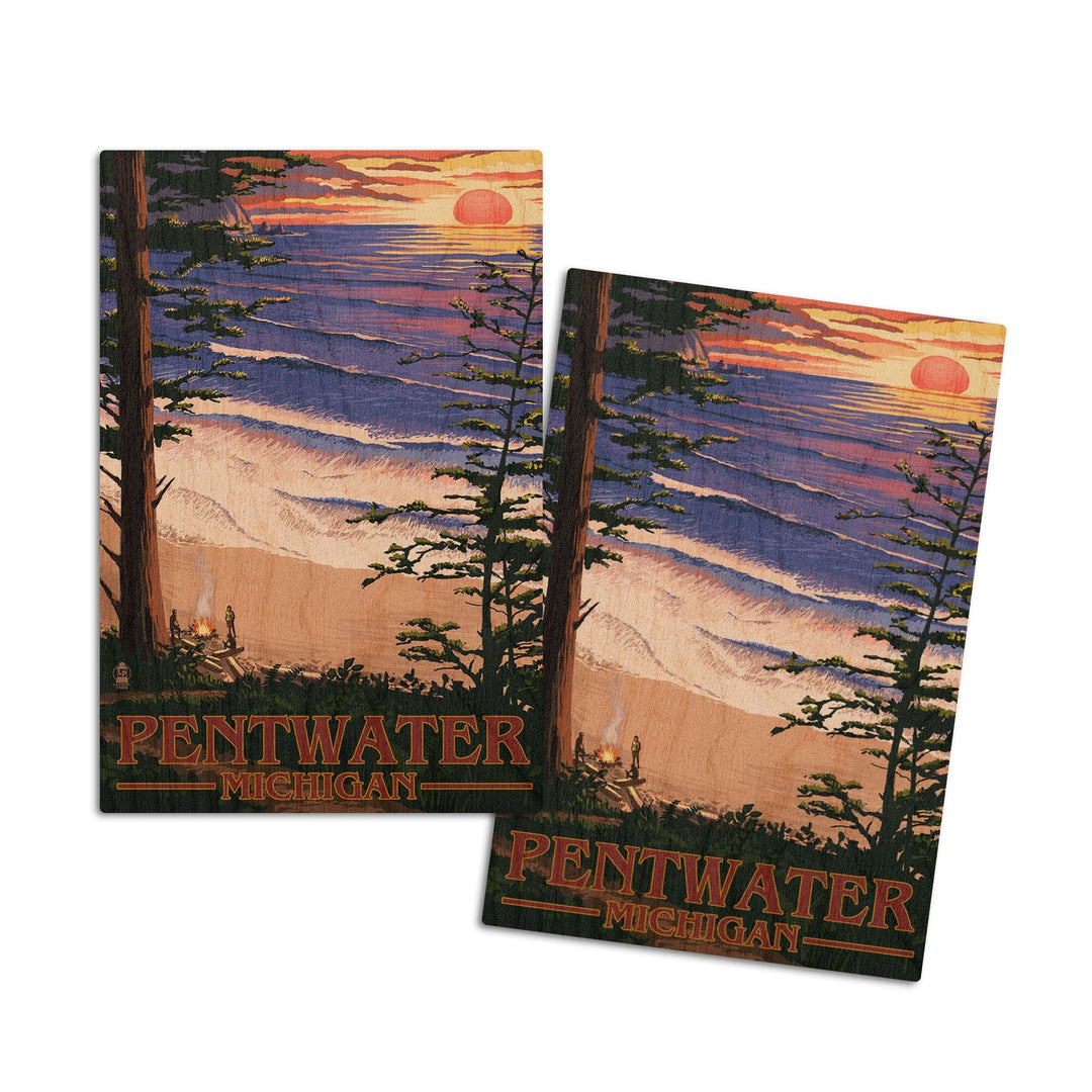 Pentwater, Michigan, Sunset on Beach, Lantern Press Artwork, Wood Signs and Postcards Wood Lantern Press 4x6 Wood Postcard Set 