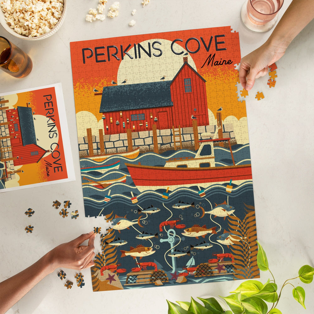 Perkins Cove, Maine, Nautical Geometric, Jigsaw Puzzle Puzzle Lantern Press 
