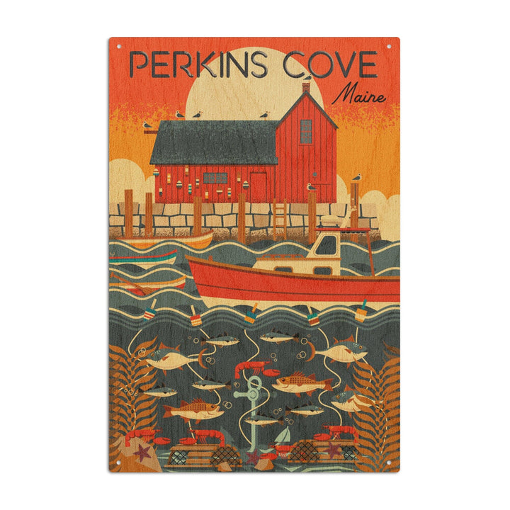 Perkins Cove, Maine, Nautical Geometric, Lantern Press Artwork, Wood Signs and Postcards Wood Lantern Press 10 x 15 Wood Sign 