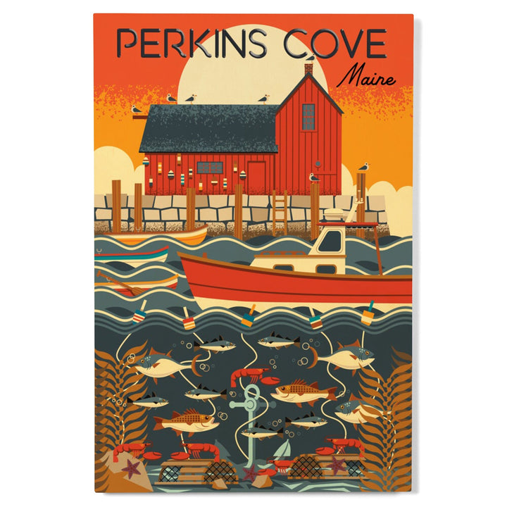 Perkins Cove, Maine, Nautical Geometric, Lantern Press Artwork, Wood Signs and Postcards Wood Lantern Press 