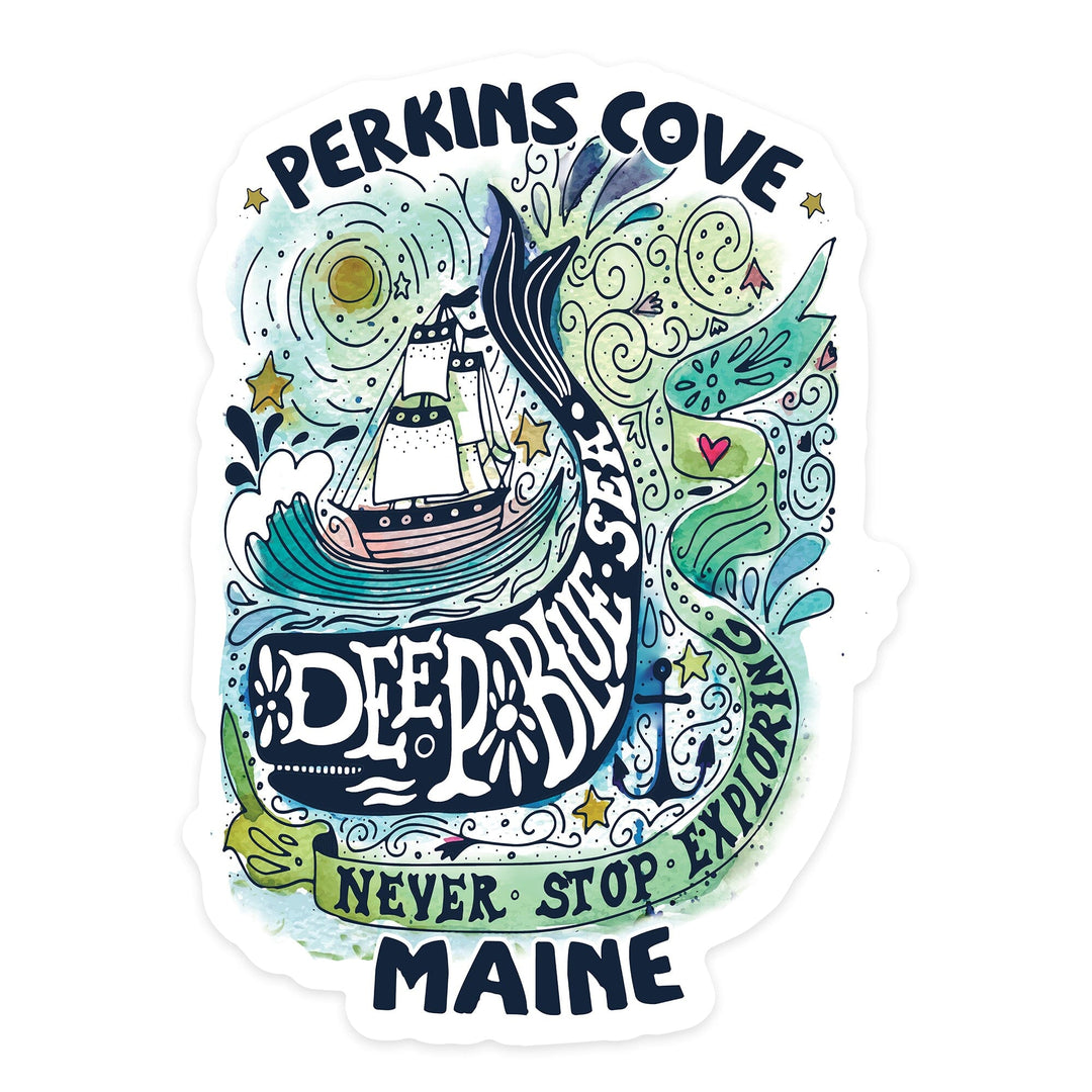 Perkins Cove, Maine, Watercolor Whale, Deep Blue Sea, Nautical Art, Contour, Vinyl Sticker Sticker Lantern Press 