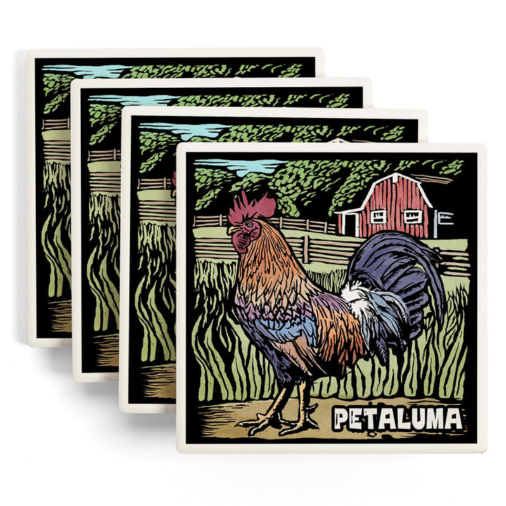 Petaluma, California, Rooster, Scratchboard, Lantern Press Artwork, Coaster Set Coasters Lantern Press 