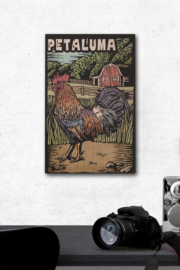 Petaluma, California, Rooster, Scratchboard, Lantern Press Artwork, Wood Signs and Postcards Wood Lantern Press 12 x 18 Wood Gallery Print 