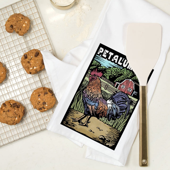 Petaluma, California, Rooster, Scratchboard, Organic Cotton Kitchen Tea Towels Kitchen Lantern Press 