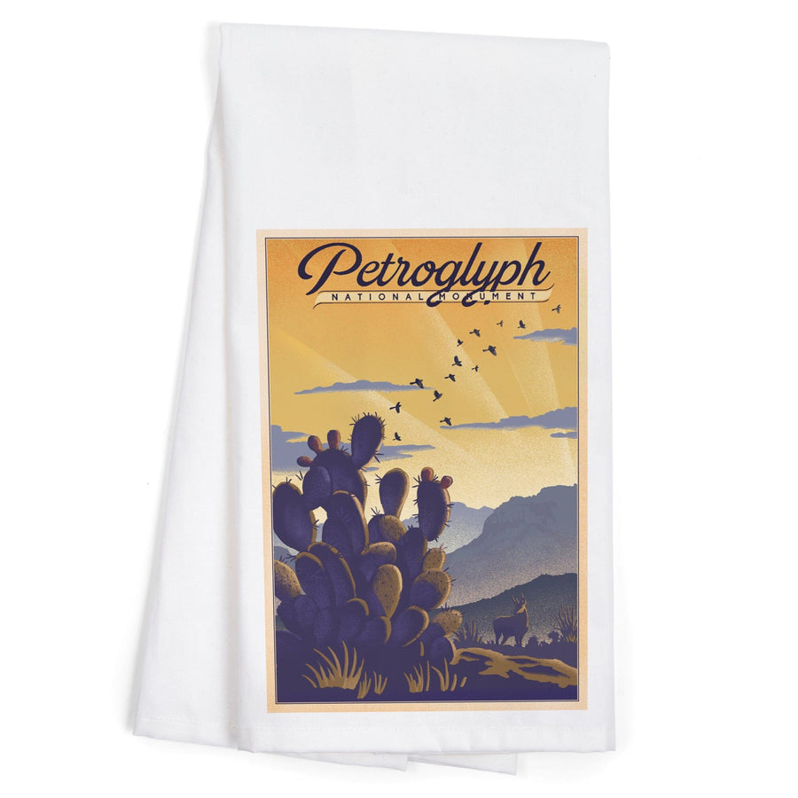 Petroglyph National Monument, New Mexico, Cactus and Desert Scene, Litho, Organic Cotton Kitchen Tea Towels Kitchen Lantern Press 