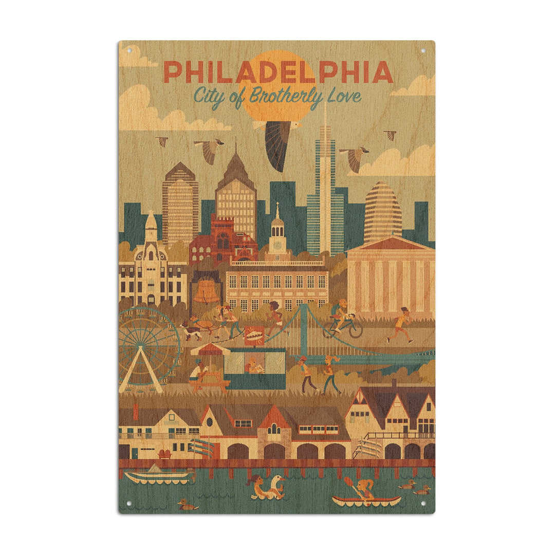 Philadelphia, Pennsylvania, City of Brotherly Love, Geometric City Series, Lantern Press Artwork, Wood Signs and Postcards Wood Lantern Press 10 x 15 Wood Sign 