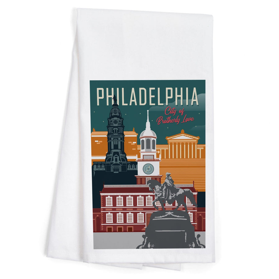 Philadelphia, Pennsylvania, City of Brotherly Love, Vector City, Organic Cotton Kitchen Tea Towels Kitchen Lantern Press 
