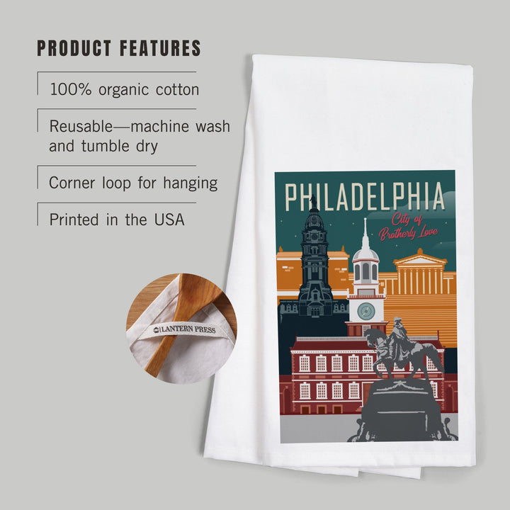 Philadelphia, Pennsylvania, City of Brotherly Love, Vector City, Organic Cotton Kitchen Tea Towels Kitchen Lantern Press 