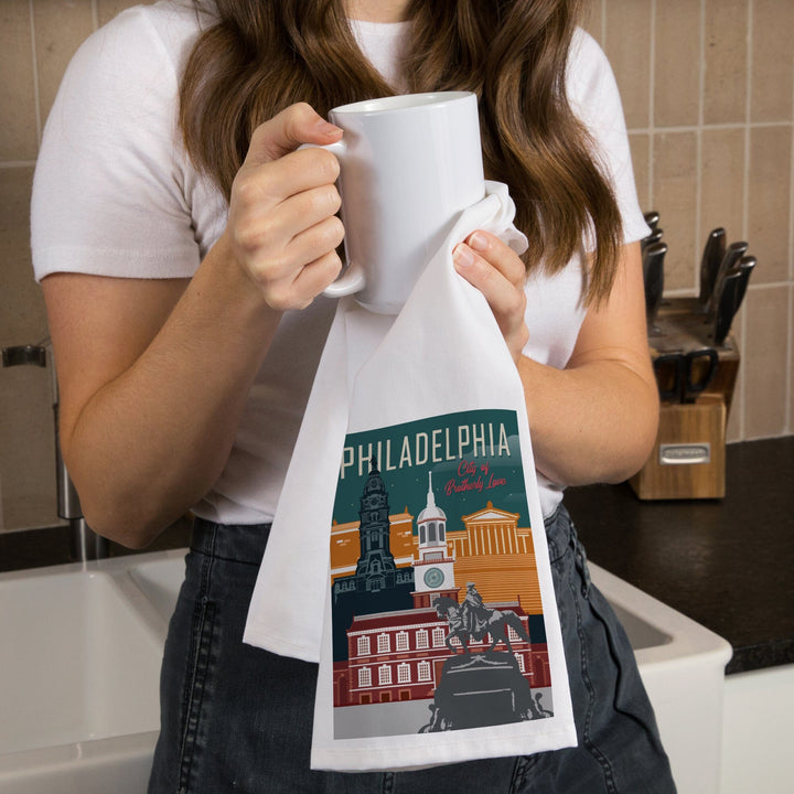 Philadelphia, Pennsylvania, City of Brotherly Love, Vector City, Organic Cotton Kitchen Tea Towels Kitchen Lantern Press 