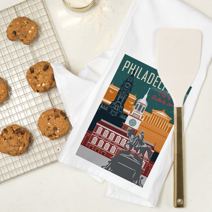 Philadelphia, Pennsylvania, City of Brotherly Love, Vector City, Organic Cotton Kitchen Tea Towels Kitchen Lantern Press 
