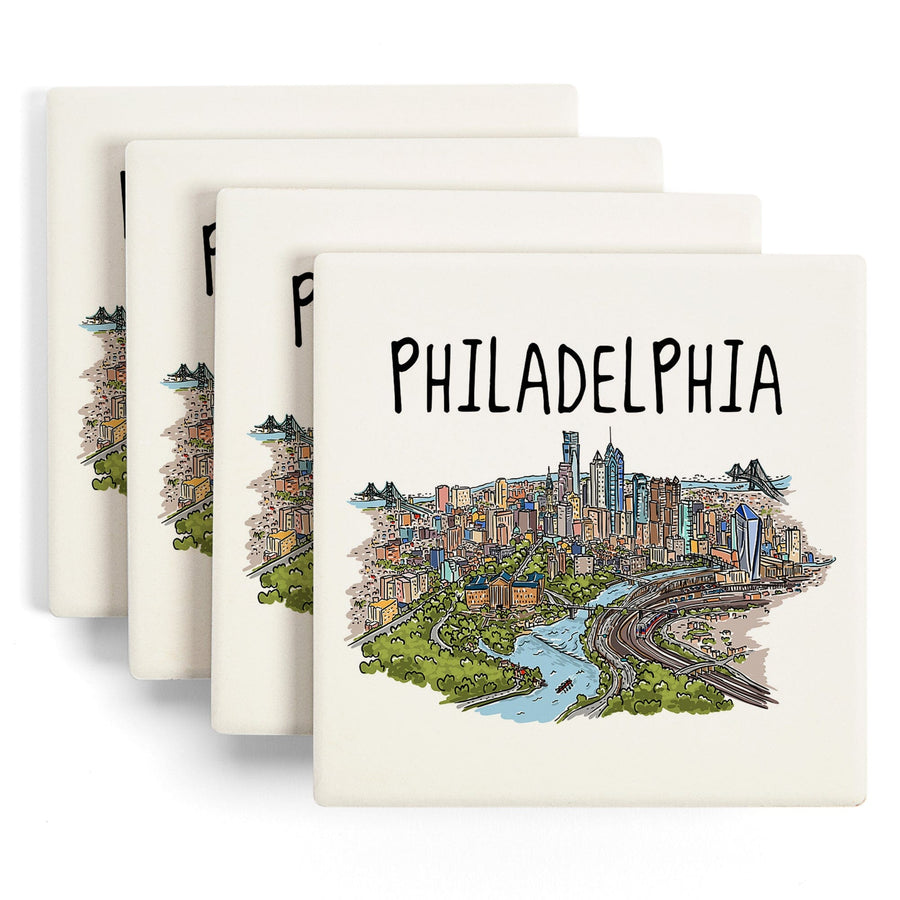 Philadelphia, Pennsylvania, Line Drawing, Lantern Press Artwork, Coaster Set Coasters Lantern Press 