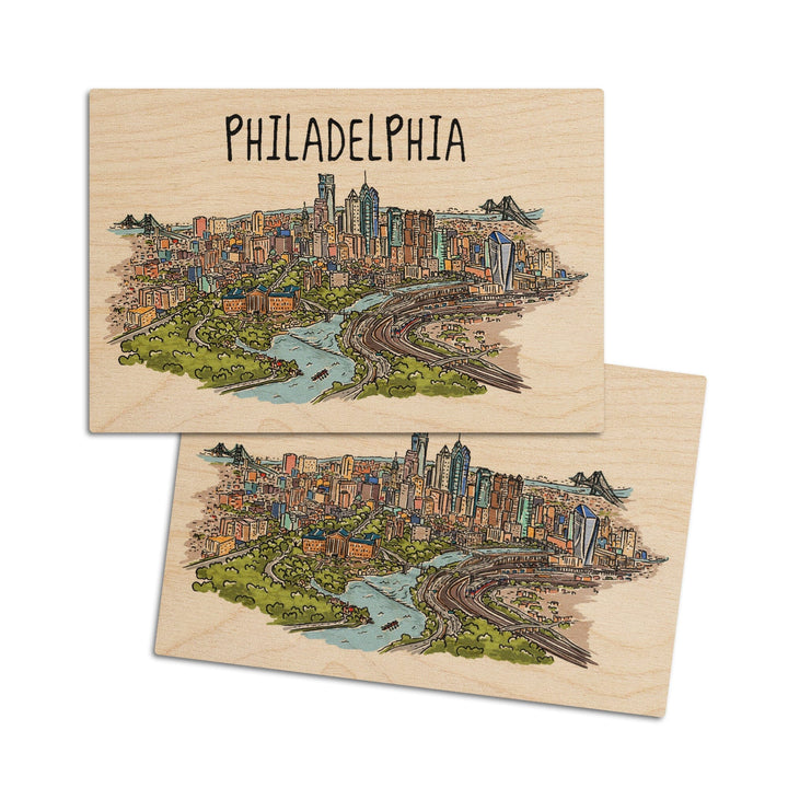 Philadelphia, Pennsylvania, Line Drawing, Lantern Press Artwork, Wood Signs and Postcards Wood Lantern Press 4x6 Wood Postcard Set 
