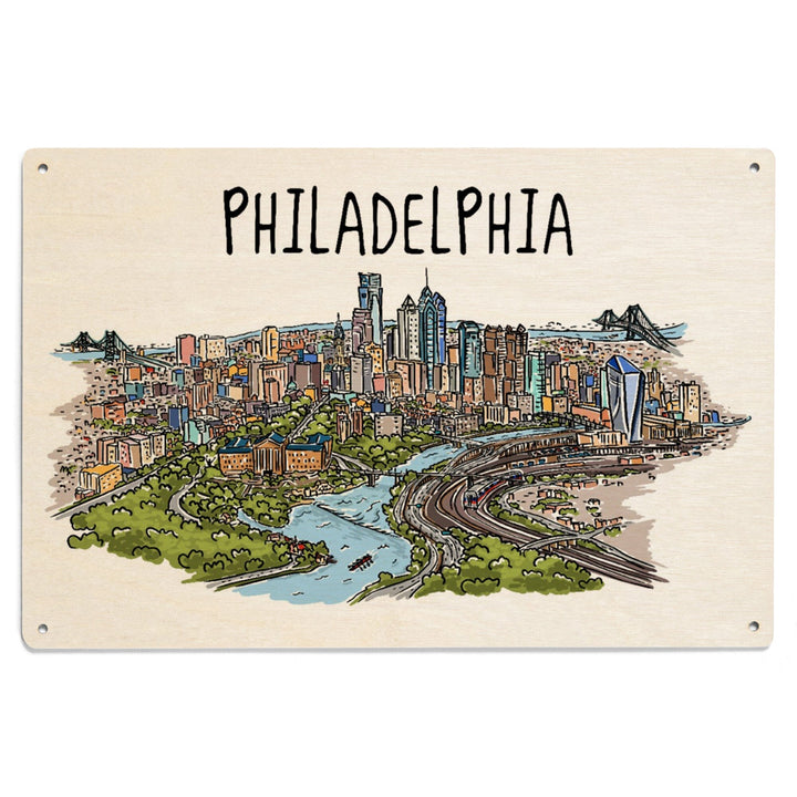 Philadelphia, Pennsylvania, Line Drawing, Lantern Press Artwork, Wood Signs and Postcards Wood Lantern Press 