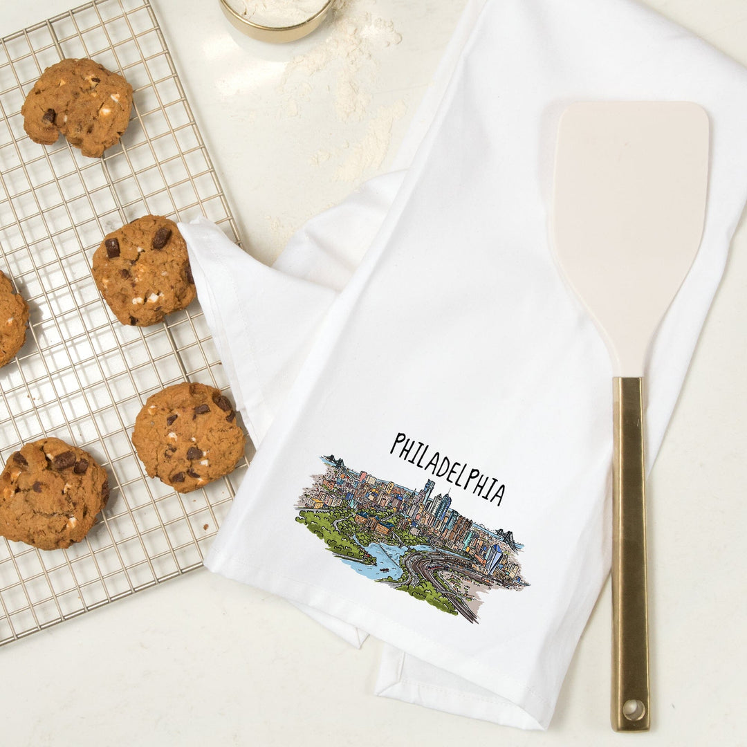 Philadelphia, Pennsylvania, Line Drawing, Organic Cotton Kitchen Tea Towels Kitchen Lantern Press 