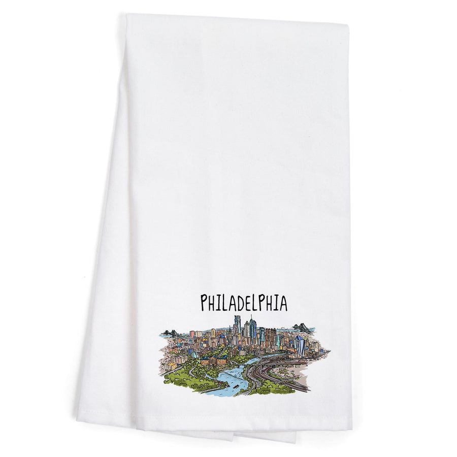 Philadelphia, Pennsylvania, Line Drawing, Organic Cotton Kitchen Tea Towels Kitchen Lantern Press 