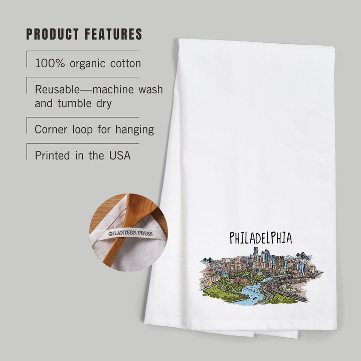 Philadelphia, Pennsylvania, Line Drawing, Organic Cotton Kitchen Tea Towels Kitchen Lantern Press 