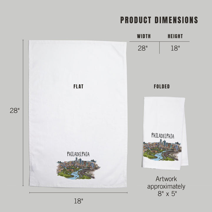 Philadelphia, Pennsylvania, Line Drawing, Organic Cotton Kitchen Tea Towels Kitchen Lantern Press 