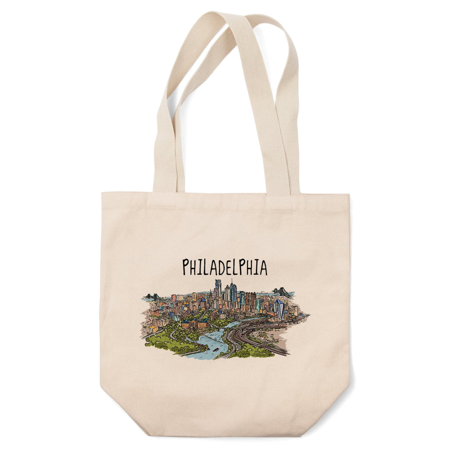 Philadelphia, Pennsylvania, Line Drawing, Tote Bag Totes Lantern Press 