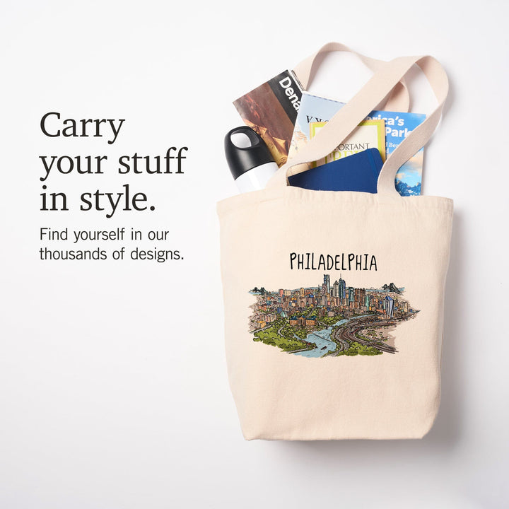 Philadelphia, Pennsylvania, Line Drawing, Tote Bag Totes Lantern Press 
