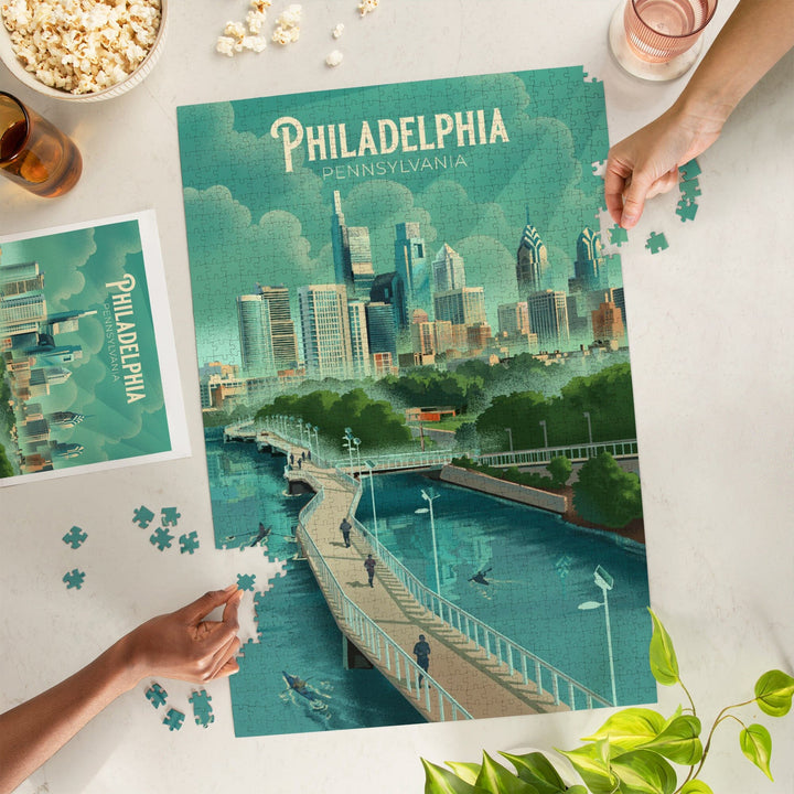Philadelphia, Pennsylvania, Lithograph, City Series, Jigsaw Puzzle Puzzle Lantern Press 