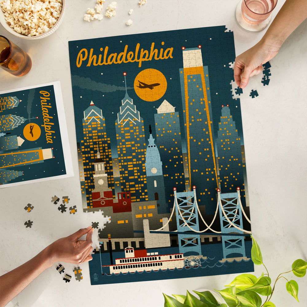 Philadelphia, Pennsylvania, ND, Retro Skyline, Jigsaw Puzzle Puzzle Lantern Press 