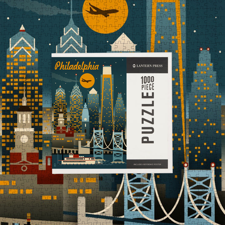 Philadelphia, Pennsylvania, ND, Retro Skyline, Jigsaw Puzzle Puzzle Lantern Press 