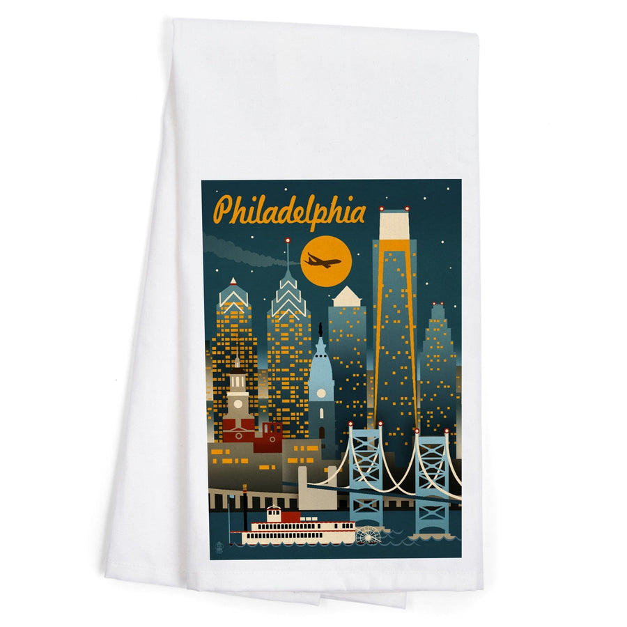 Philadelphia, Pennsylvania, ND, Retro Skyline, Organic Cotton Kitchen Tea Towels Kitchen Lantern Press 
