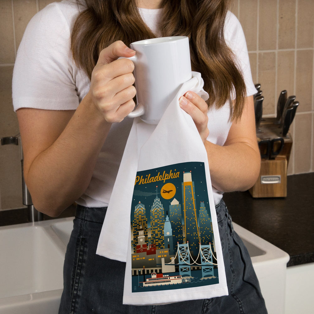 Philadelphia, Pennsylvania, ND, Retro Skyline, Organic Cotton Kitchen Tea Towels Kitchen Lantern Press 
