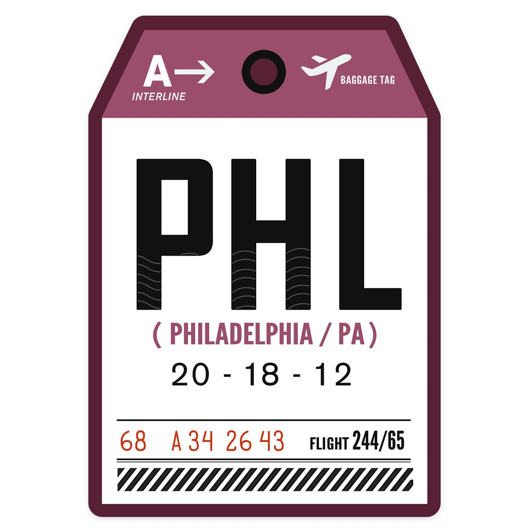 Philadelphia, Pennsylvania, PHL, Luggage Tag, Contour, Vinyl Sticker Sticker Lantern Press 