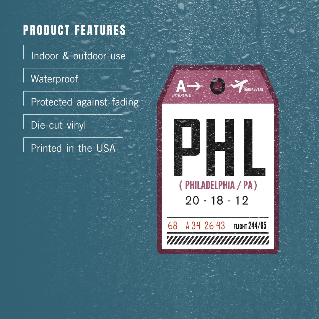 Philadelphia, Pennsylvania, PHL, Luggage Tag, Contour, Vinyl Sticker Sticker Lantern Press 