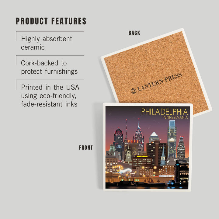 Philadelphia, Pennsylvania, Photography, Skyline at Night, Coasters Coasters Lantern Press 