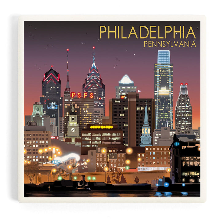 Philadelphia, Pennsylvania, Photography, Skyline at Night, Coasters Coasters Lantern Press Coaster 