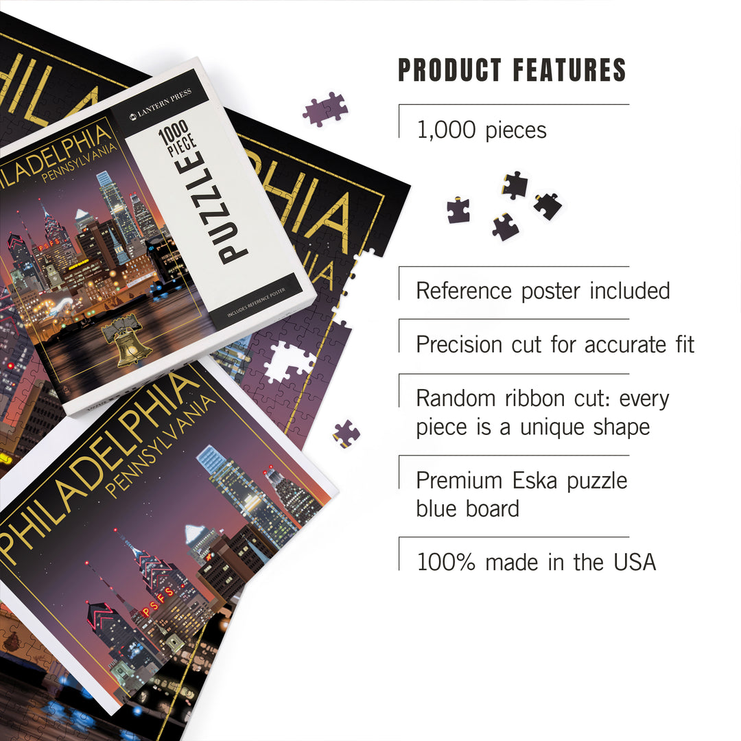 Philadelphia, Pennsylvania, Photography, Skyline at Night, Jigsaw Puzzle Puzzle Lantern Press 