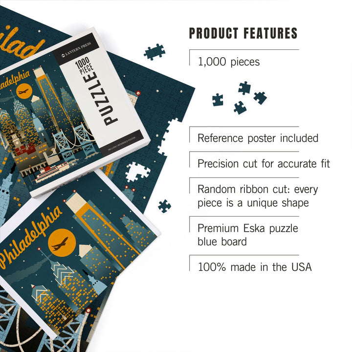 Philadelphia, Pennsylvania, Retro Skyline, Jigsaw Puzzle Puzzle Lantern Press 