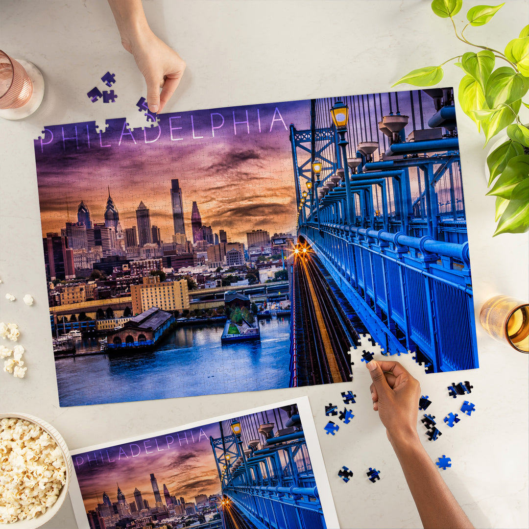 Philadelphia, Pennsylvania, Skyline and Bridge Sunset, Jigsaw Puzzle Puzzle Lantern Press 