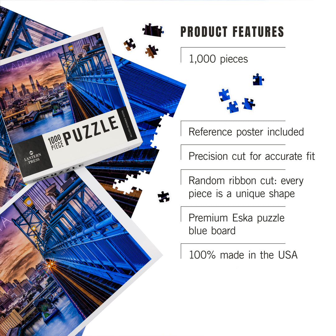 Philadelphia, Pennsylvania, Skyline and Bridge Sunset, Jigsaw Puzzle Puzzle Lantern Press 