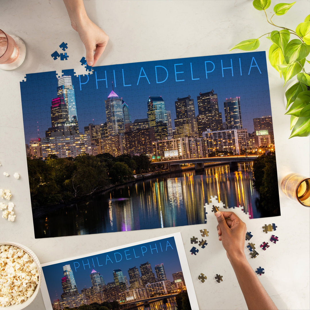 Philadelphia, Pennsylvania, Skyline at Night, Jigsaw Puzzle Puzzle Lantern Press 