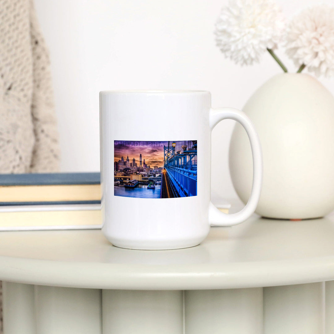 Philadelphia, Pennsylvania, Skyline & Bridge Sunset, Lantern Press Photography, Ceramic Mug Mugs Lantern Press 