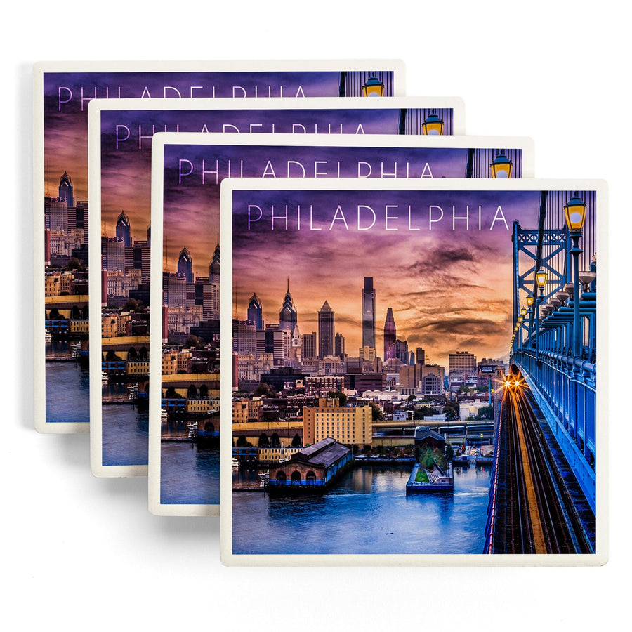 Philadelphia, Pennsylvania, Skyline & Bridge Sunset, Lantern Press Photography, Coaster Set Coasters Lantern Press 