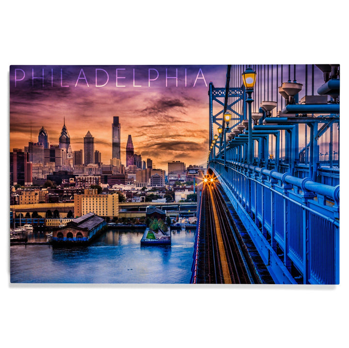 Philadelphia, Pennsylvania, Skyline & Bridge Sunset, Lantern Press Photography, Wood Signs and Postcards Wood Lantern Press 